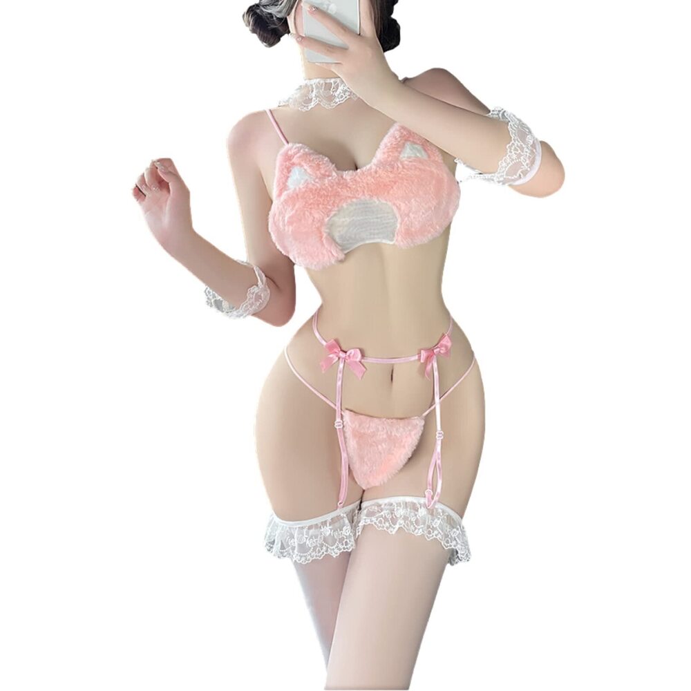 9524 Sexy Lingerie Lolita Catgirl Furry Bra Thong Set Strappy Kawaii Cat